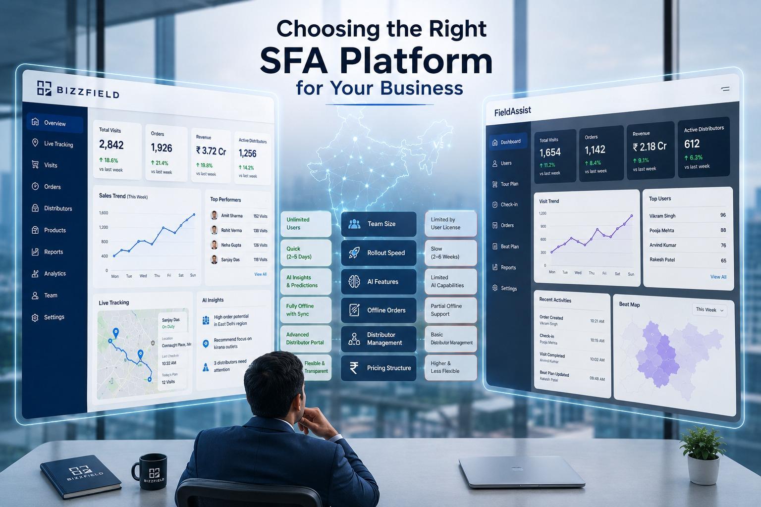 BizzField and FieldAssist dashboards shown side by side, with a column of evaluation criteria between them: team size, rollout speed, AI features, offline orders, distributor management and pricing structure