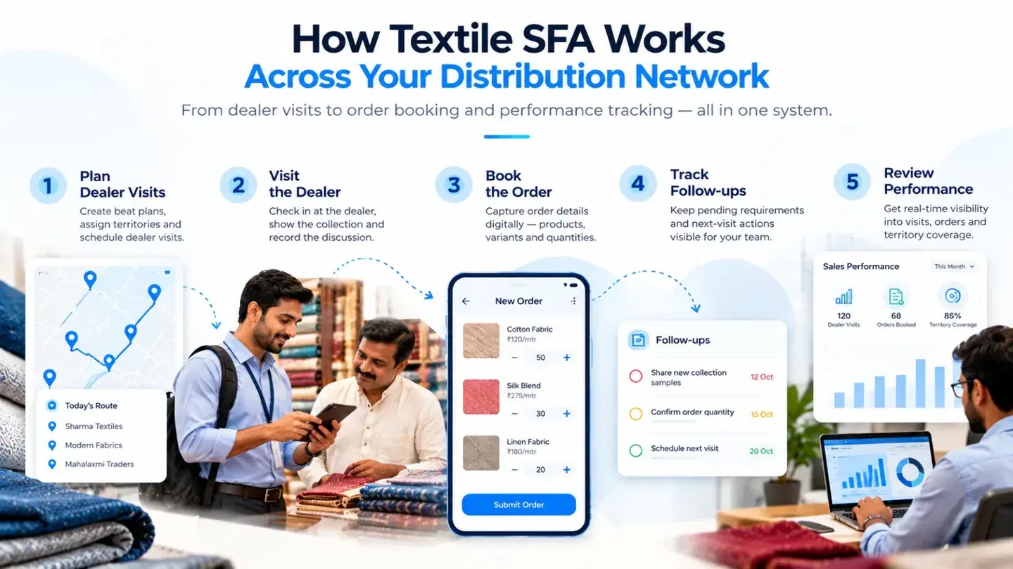 How textile SFA works across your distribution network: 5 steps from dealer visit planning and dealer check-in to digital order booking, follow-up tracking and management performance reporting