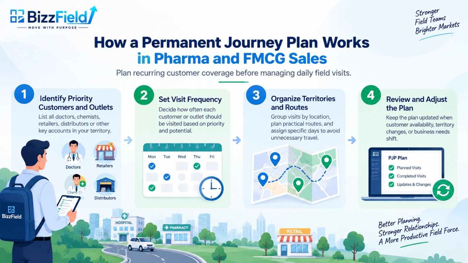 How a Permanent Journey Plan works in pharma and FMCG sales: 4-stage operational workflow from identifying priority accounts to setting frequency, organizing routes, and reviewing the plan