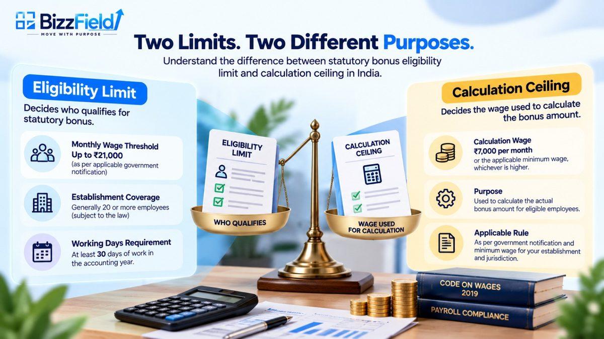 Statutory bonus calculation formula India 2026 — showing the Rs 7,000 calculation wage cap, 8.33 percent minimum rate and annual base under the Code on Wages