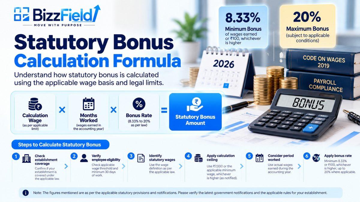 Statutory bonus calculation for employees in India under the Code on Wages — eligibility checklist showing the Rs 21,000 wage limit, 30-day working condition and establishment coverage