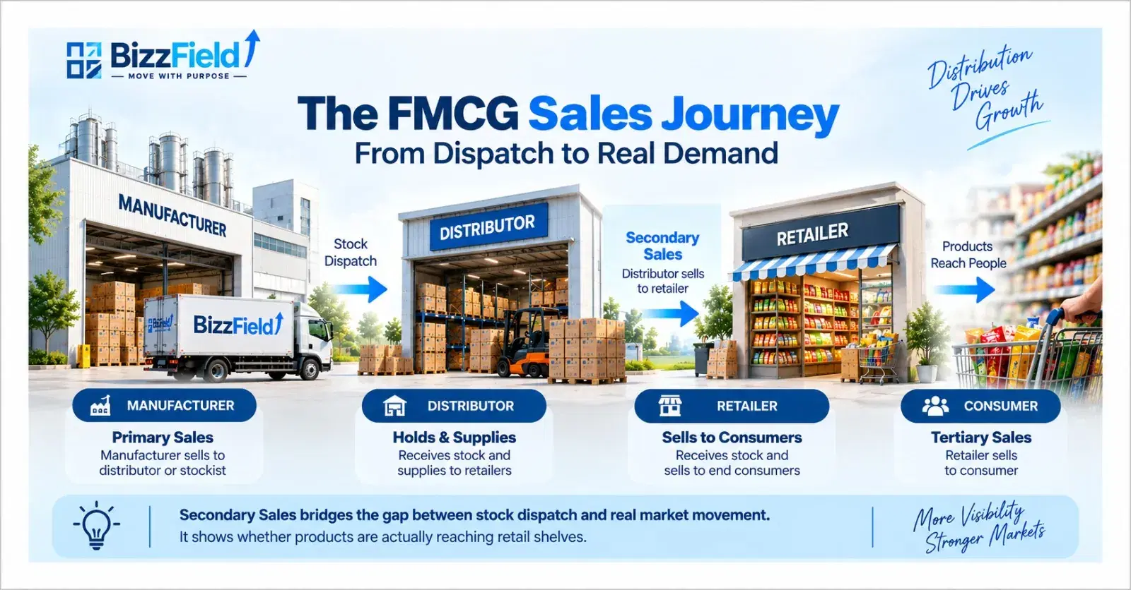 The FMCG sales journey from dispatch to real demand: manufacturer ships stock to distributor as primary sales, distributor supplies retailers as secondary sales, and retailer sells to the consumer as tertiary sales