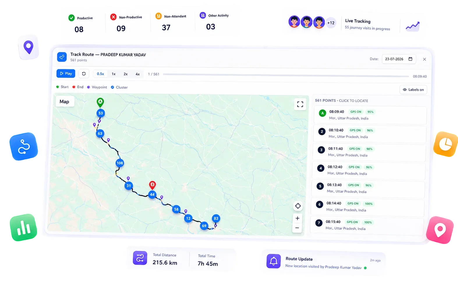 BizzField Location Tracking screen displaying live GPS tracking, route breadcrumbs, and field rep location updates