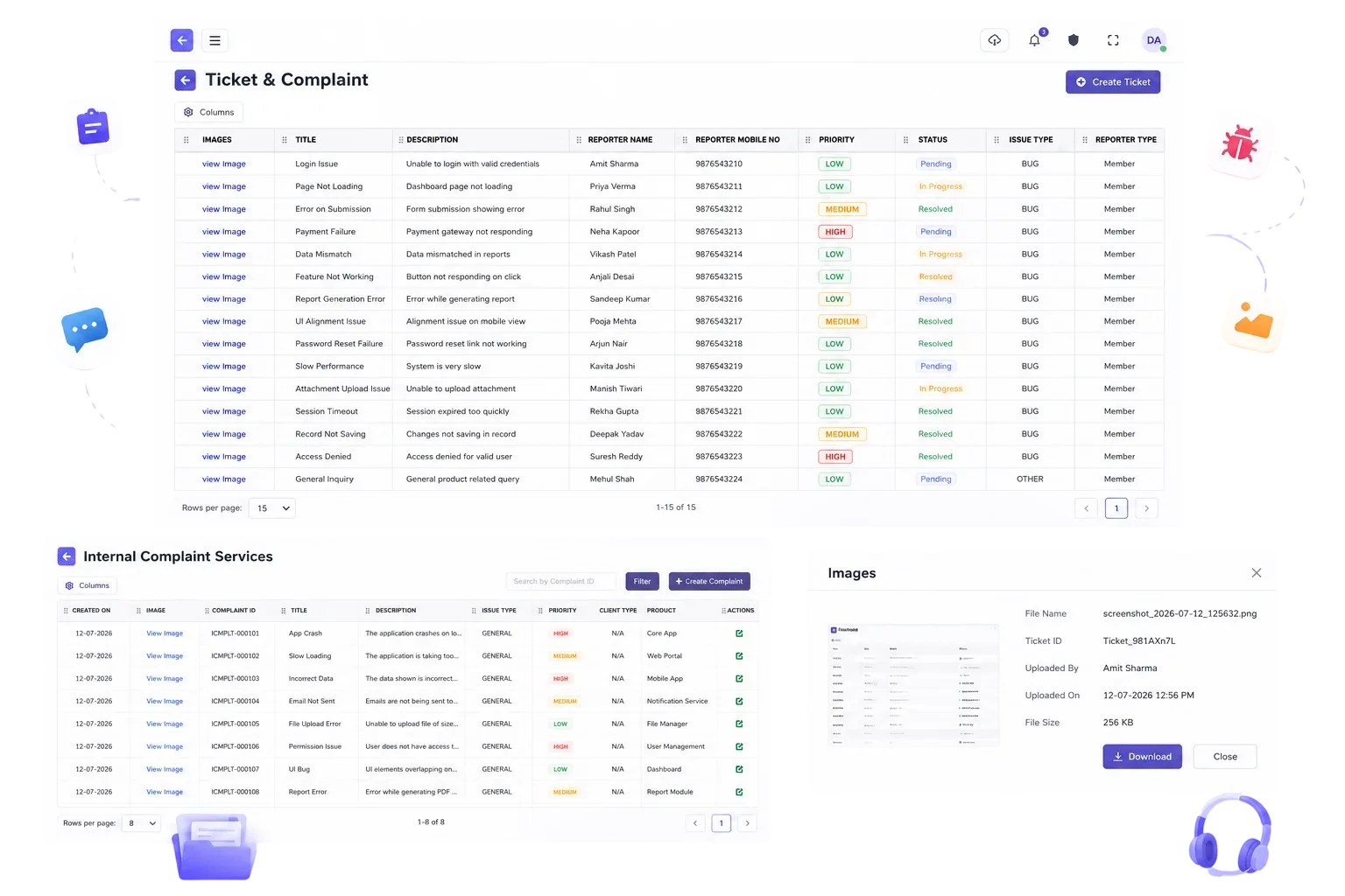 BizzField Support Ticket Management screen displaying complaint tracking, status updates, and resolution logs