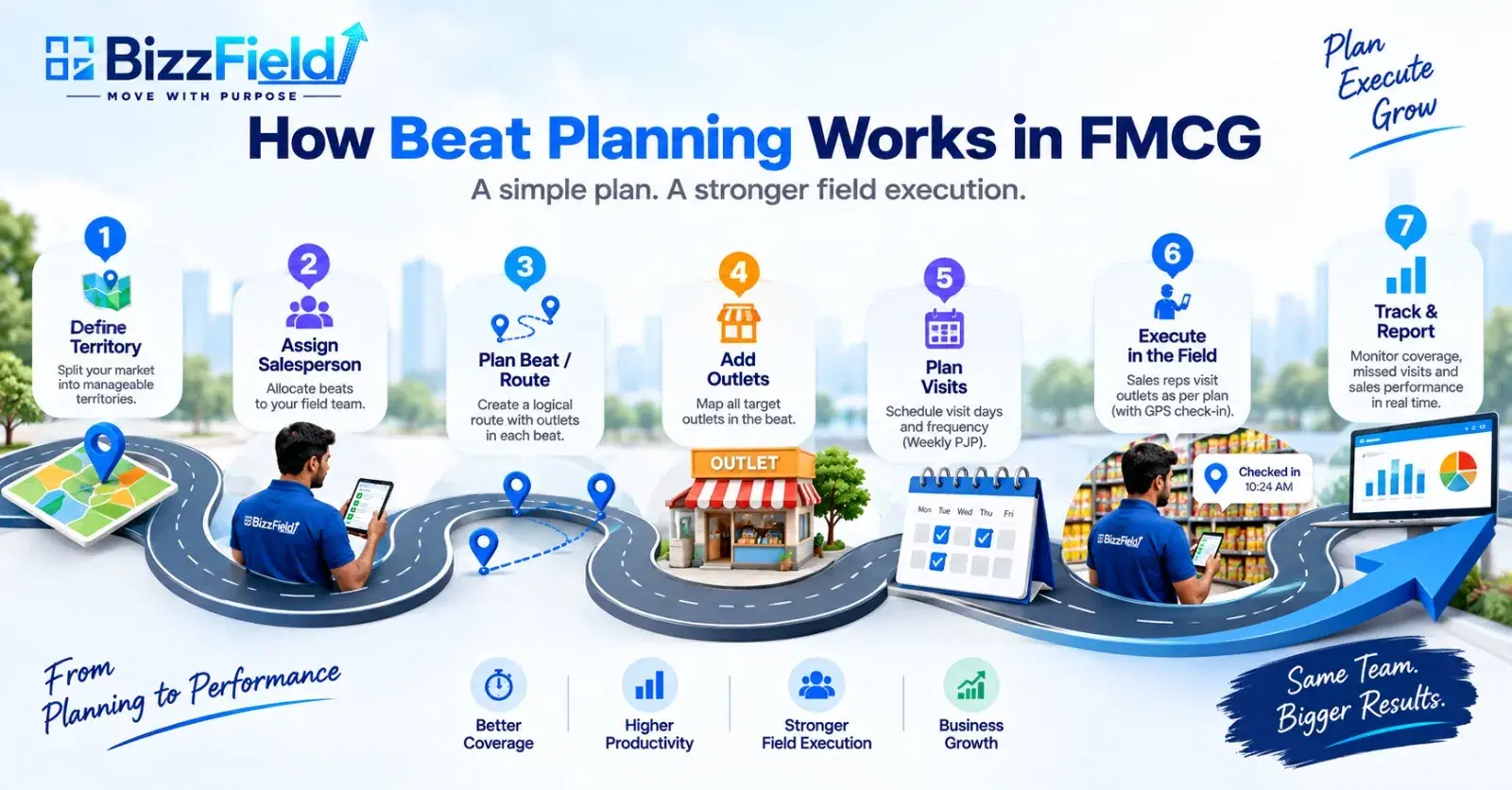 How beat planning works in FMCG: define territory, assign salesperson, plan beat or route, add outlets, plan visits, execute in the field with GPS check-in, then track and report